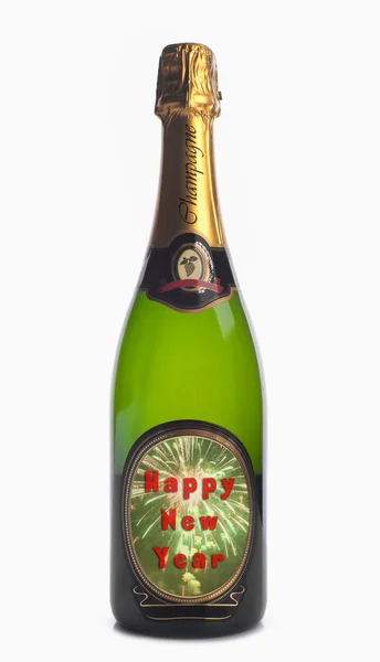 Bottle of champagne with label "happy new year" — Stock Photo, Image