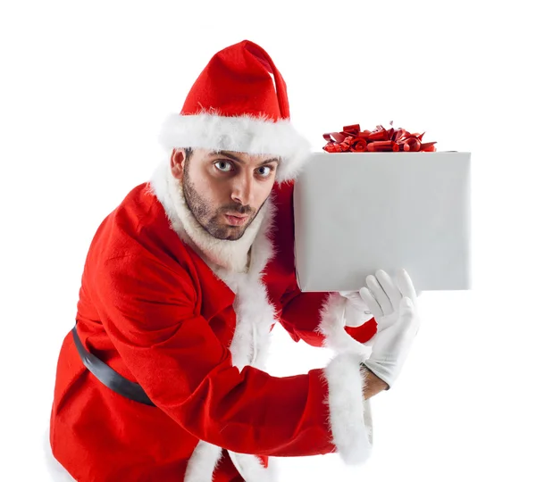 Junger Weihnachtsmann mit Geschenkbox — Stockfoto