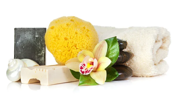 Accessories for spa with yellow orchid flowers — Stock Photo, Image