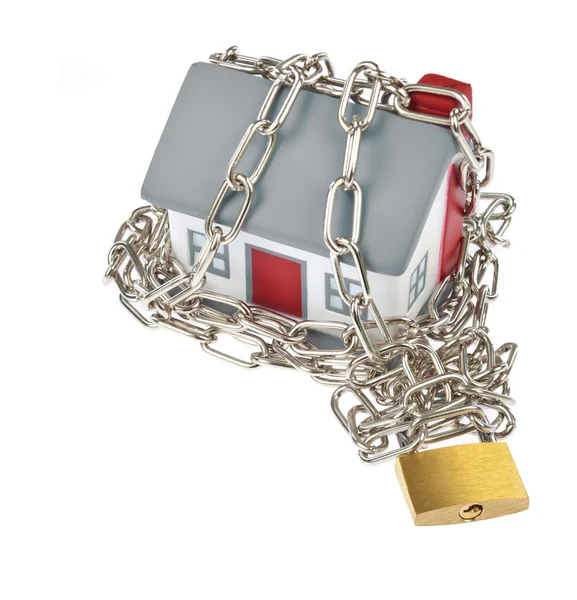House model plastic with chain and padlock — Stock Photo, Image
