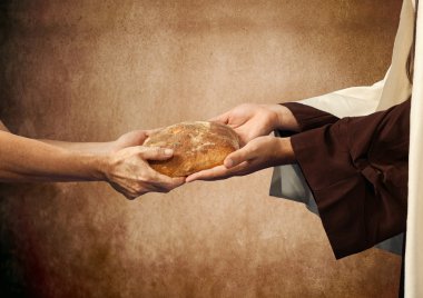 Jesus gives the bread to a beggar. clipart
