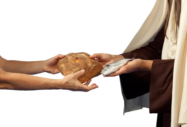 Jesus gives bread and fish — Stock Photo, Image