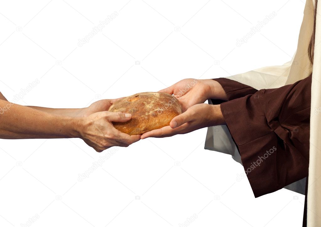 Jesus gives the bread to a beggar.