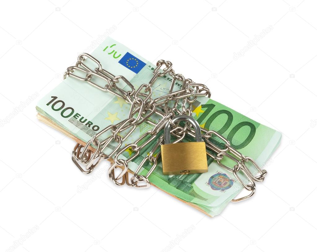 Euro banknotes with chain and padlock