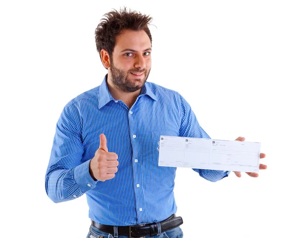 Young man showing the italian money order — Stock Photo, Image