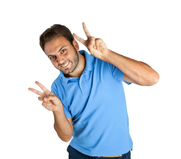 Happy guy shows Victory — Stock Photo, Image
