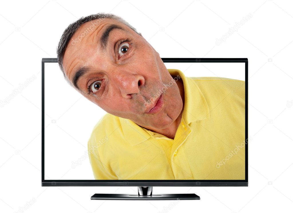Surprised man with television and WOW expression.