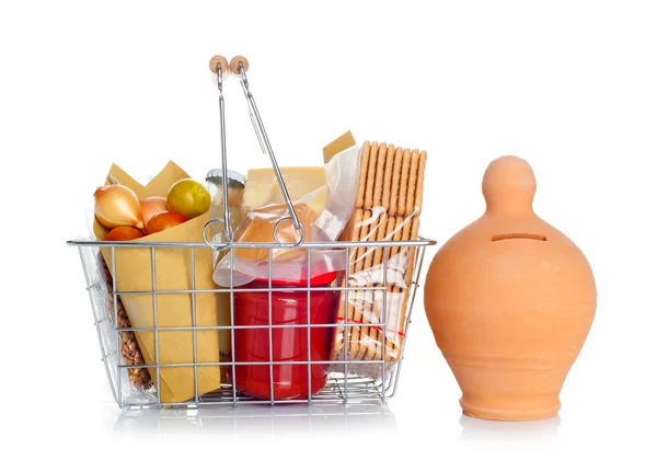 The shopping basket with food and money box — Stock Photo, Image