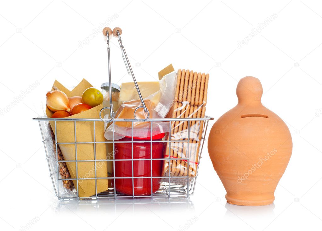 The shopping basket with food and money box