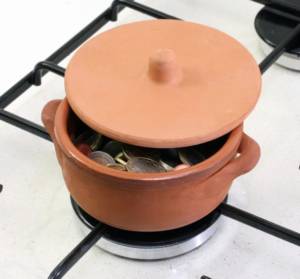 Ceramic pot full of Euro coins — Stock Photo, Image