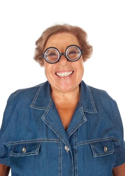 Mujer anciana sorprendida con gafas divertidas . — Foto de Stock