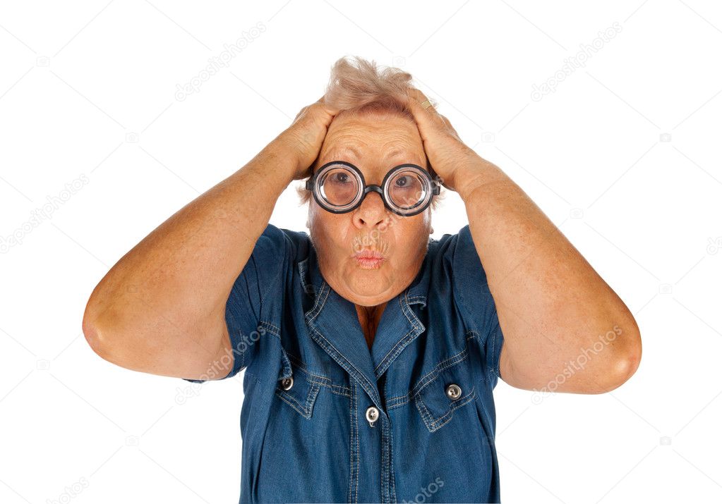 Elderly woman surprised with funny glasses.