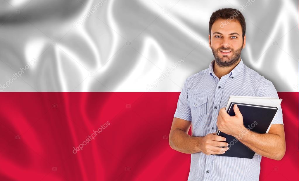 Student smiling over Polish flag