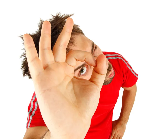 Hombre joven con camiseta roja, concepto Ok . —  Fotos de Stock