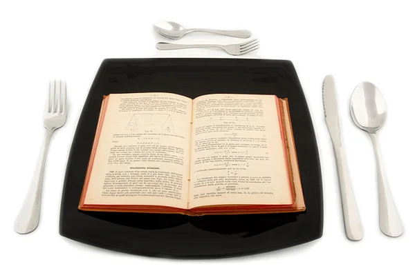 Metaphoric concept with physics book in the plate with cutlery — Stock Photo, Image