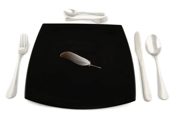 用羽毛与餐具盘子里的隐喻概念 — 图库照片
