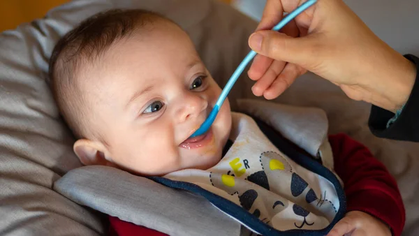 Primer Plano Bebé Pocos Meses Que Comienza Destetar Comiendo Puré — Foto de Stock