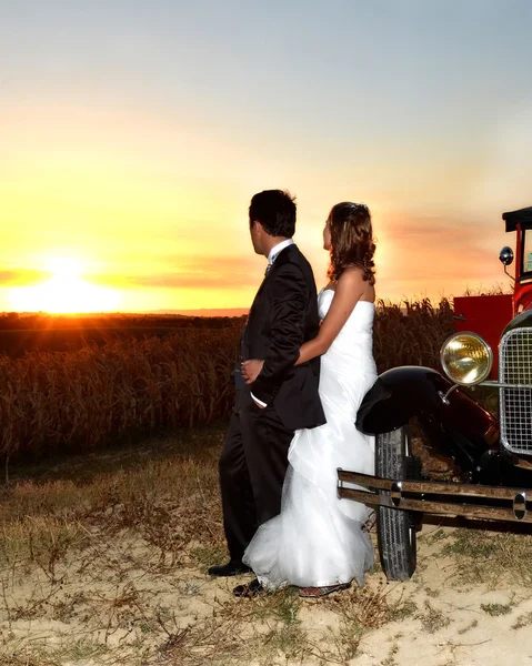 Noivos casal ao pôr do sol — Fotografia de Stock