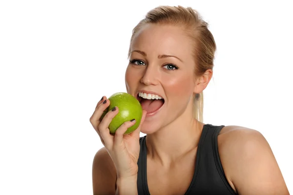 Beautiful Healthy Woman Eats Apple — Stock Photo, Image