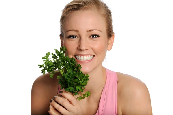 Happy Young Woman with Lettuce — Stock Photo, Image