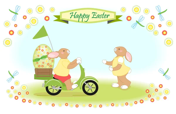 Easter bunny as scooter delivery of big easter egg — Stock Vector