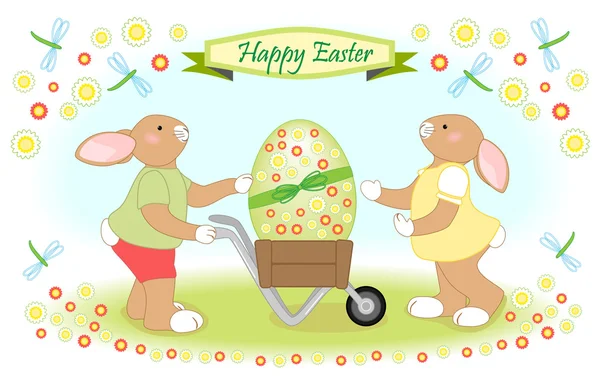 Easter bunny carries big egg with wheelbarrow — Stock Vector