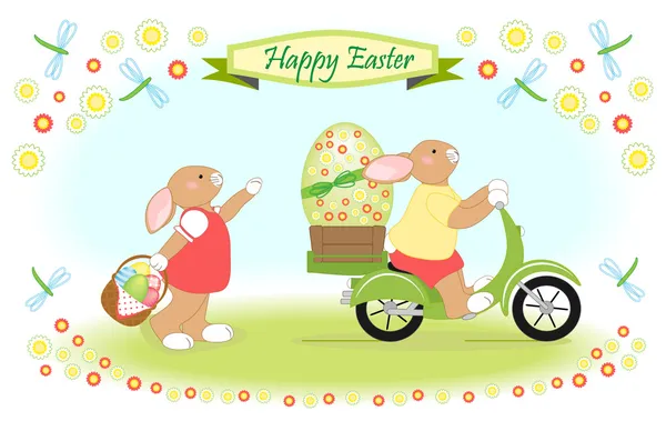 Easter bunny while easter ride — Stock Vector