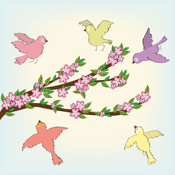 Flor de primavera con garabatos de aves — Vector de stock