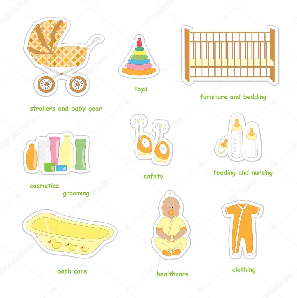 Newborn baby stuff as stickers isolated on white background