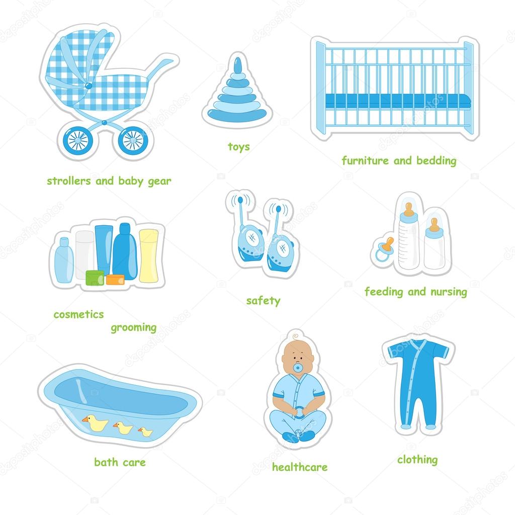 Newborn boy stuff as stickers isolated on white background