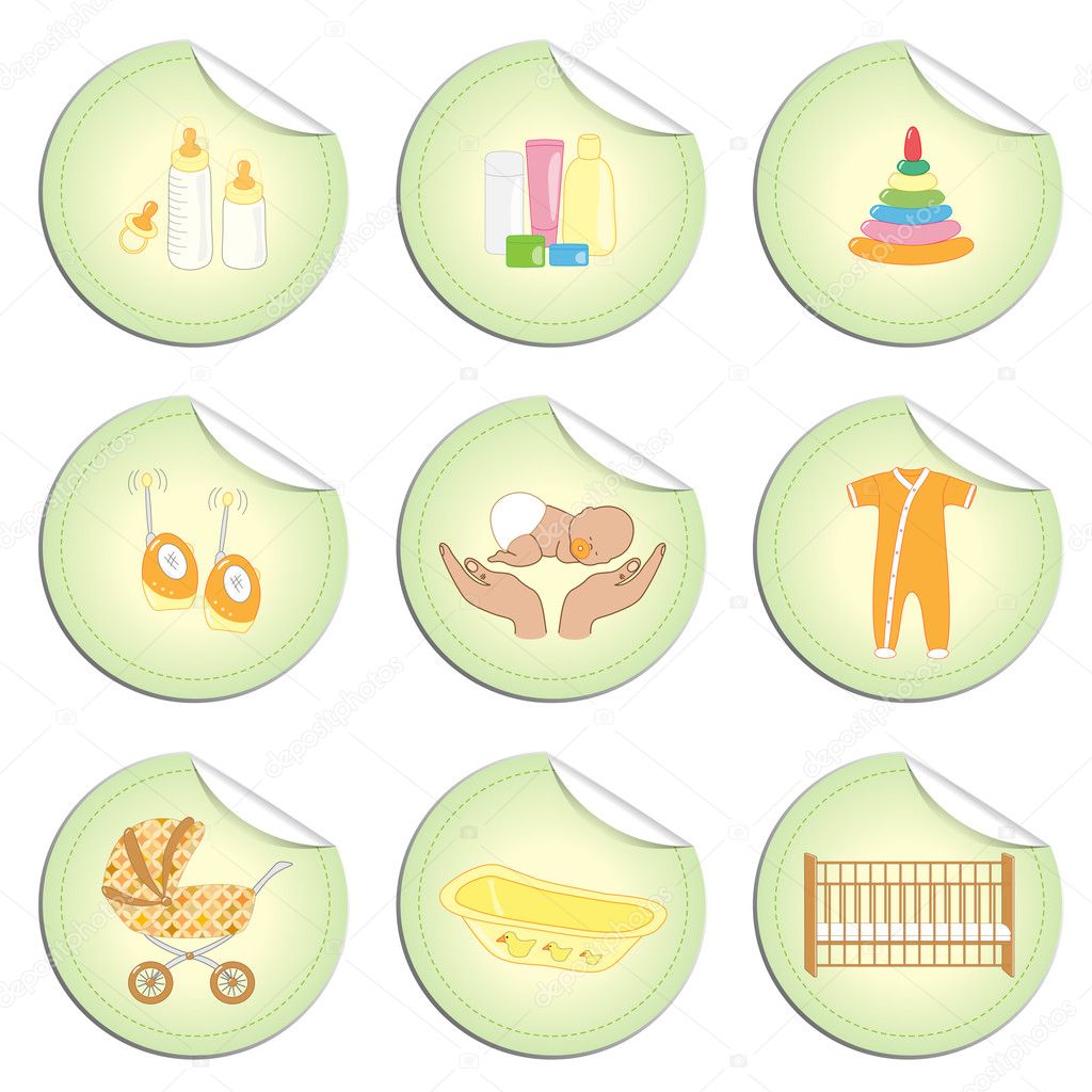 Newborn baby stuff as stickers isolated on white background