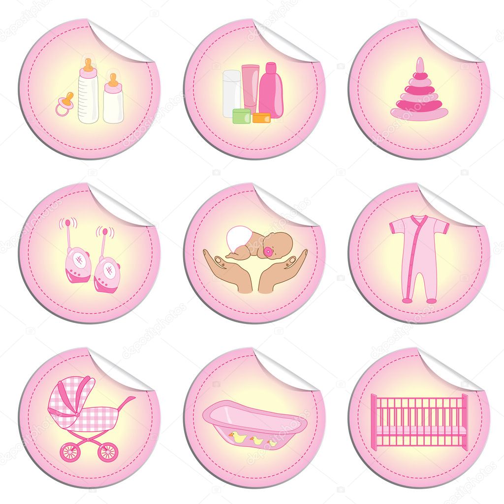 Newborn girl stuff as stickers isolated on white background