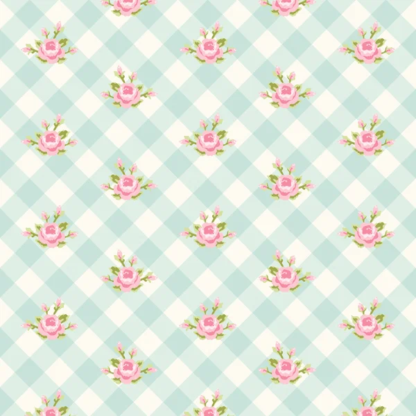 Shabby chic pattern with roses on gingham background — Stock Vector