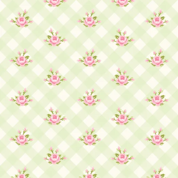 Shabby chic pattern with roses on gingham background — Stock Vector