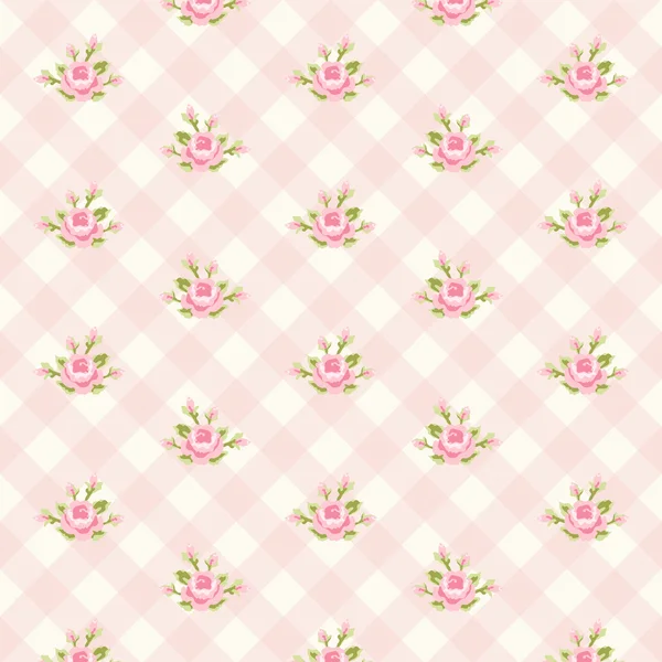 Patrón Shabby chic con rosas sobre fondo a cuadros — Vector de stock