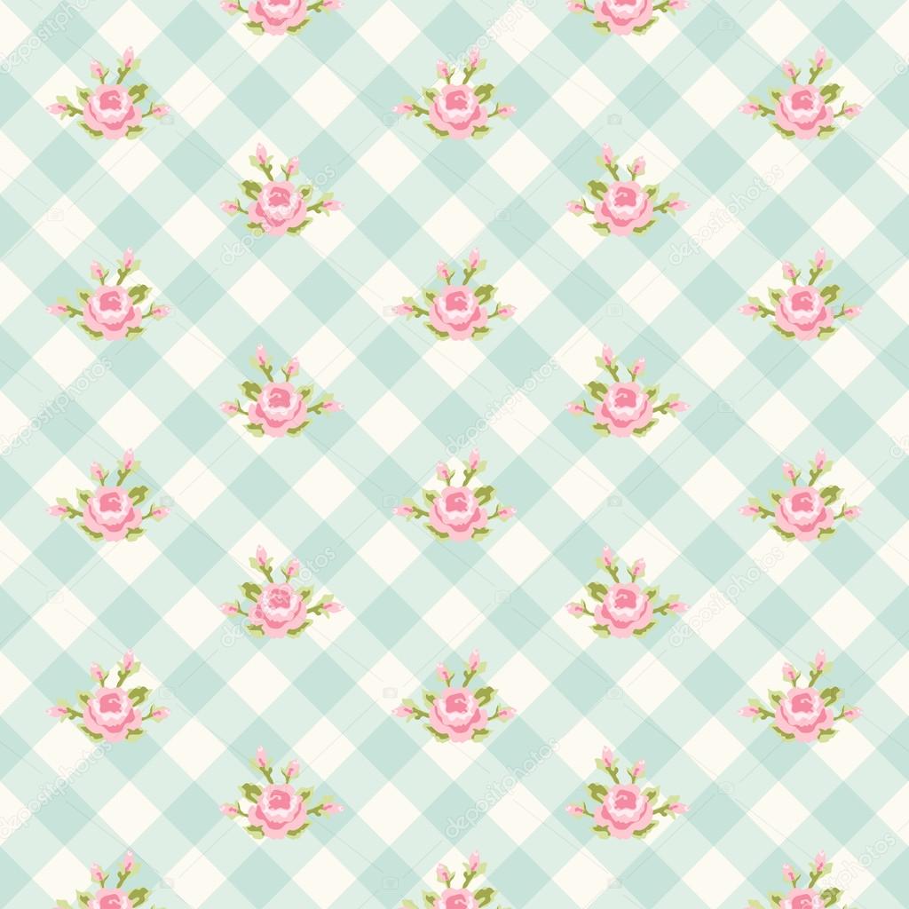 Shabby chic pattern with roses on gingham background
