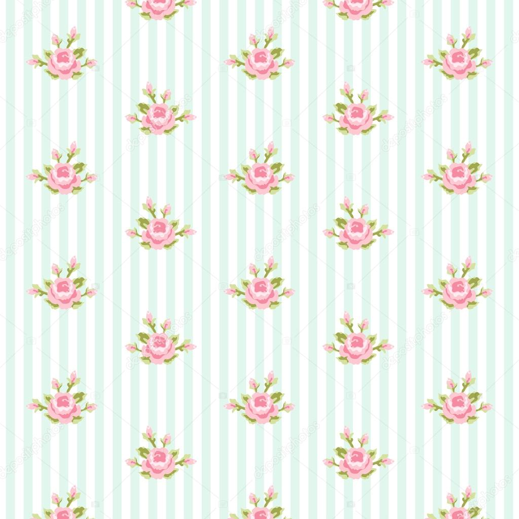 Shabby chic pattern with roses on striped background