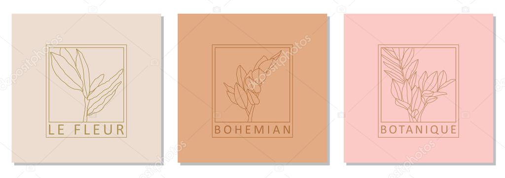 Set of trendy botanical abstract bohemian design icons ideal as minimalist linear logo