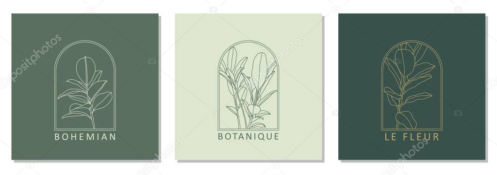 Set of trendy botanical abstract bohemian design icons ideal as minimalist linear logo