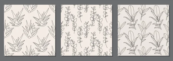 ラインアート構成のトレンディーなミニマリストのシームレスな植物パターンのセット — ストックベクタ
