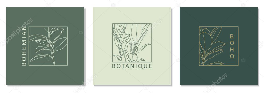 Set of trendy botanical abstract bohemian design icons ideal as minimalist linear logo