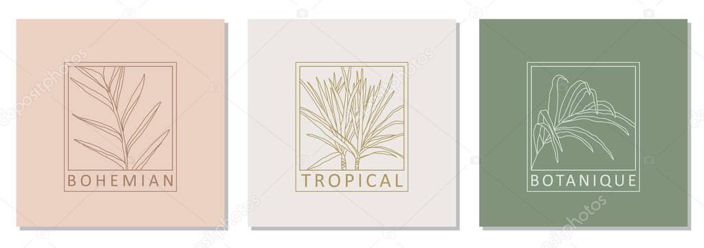 Set of trendy botanical abstract bohemian design icons ideal as minimalist linear logo