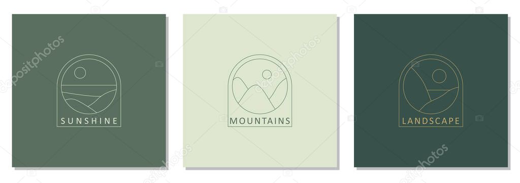 Set of trendy landscape abstract bohemian design icons ideal as minimalist linear logo