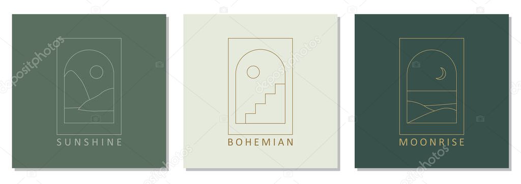 Set of trendy landscape abstract bohemian design icons ideal as minimalist linear logo
