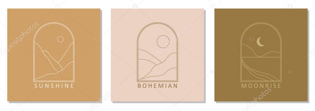 Set of trendy landscape abstract bohemian design icons ideal as minimalist linear logo