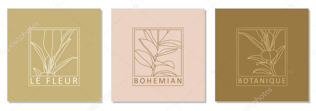 Set of trendy botanical abstract bohemian design icons ideal as minimalist linear logo