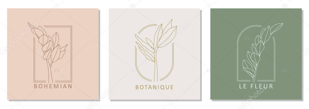 Set of trendy botanical abstract bohemian design icons ideal as minimalist linear logo