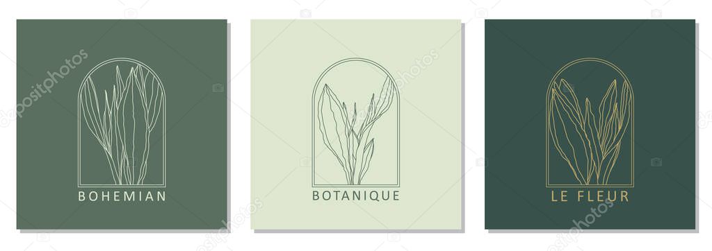 Set of trendy botanical abstract bohemian design icons ideal as minimalist linear logo