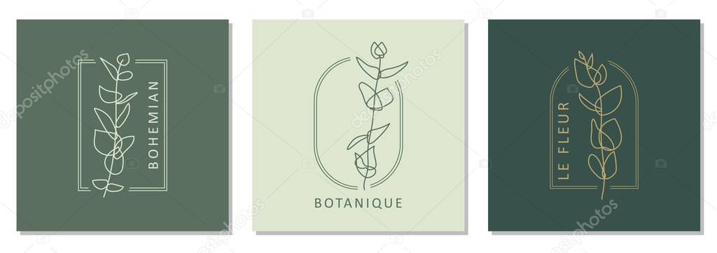 Set of trendy botanical abstract bohemian design icons ideal as minimalist linear logo