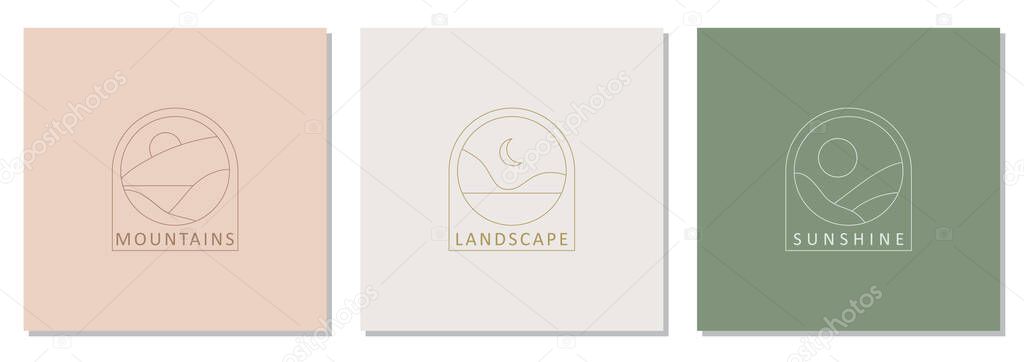 Set of trendy landscape abstract bohemian design icons ideal as minimalist linear logo